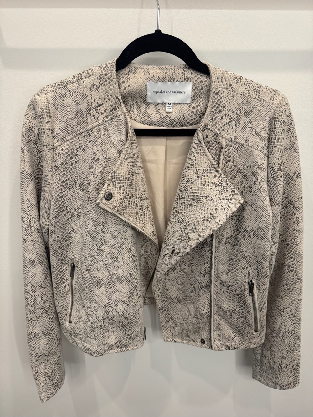 cupcakes & cashmere Snake-Print Cream Moto Jacket